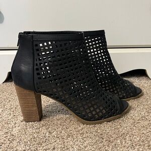 Black Perforated Open-Toe Ankle Boot Heels
